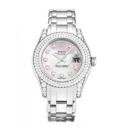 29 MM Pink Mother-Of-Pearl Dials Rolex Pearlmaster 80359 Fake Watches With White Gold Cases For Women