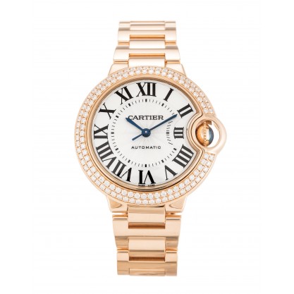 Silver Dials Cartier Ballon Bleu WE902034 Fake Watches With 33 MM Rose Gold Cases For Women