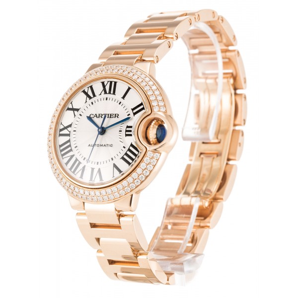 Silver Dials Cartier Ballon Bleu WE902034 Fake Watches With 33 MM Rose Gold Cases For Women