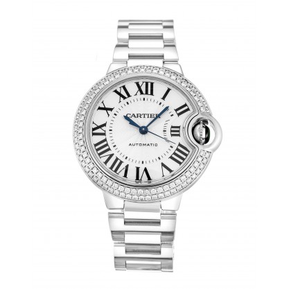 Silver Dials Cartier Ballon Bleu WE902035 Fake Watches With 33 MM White Gold Cases For Women