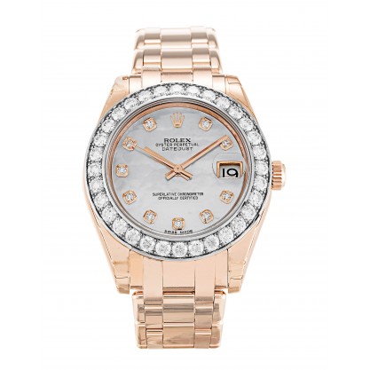 White Mother-Of-Pearl Dials Rolex Pearlmaster 81285 Fake Watches With 34 MM Rose Gold Cases