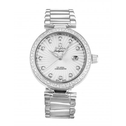 White Mother-Of-Pearl Dials Omega De Ville Ladymatic 425.35.34.20.55.001 Fake Watches With 34 MM Steel Cases For Women