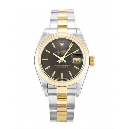 Black Dials Rolex Datejust 69173 Replica Watches With 26 MM Steel & Gold Cases For Women